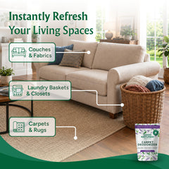 Good Natured Brand sprinkling powder on carpet for deep odor removal benefit