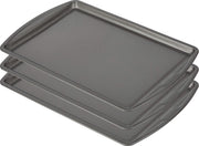 GoodCook bandeja frontal empaquetada mostrando tamaño y acabado gris, fácil almacenamiento