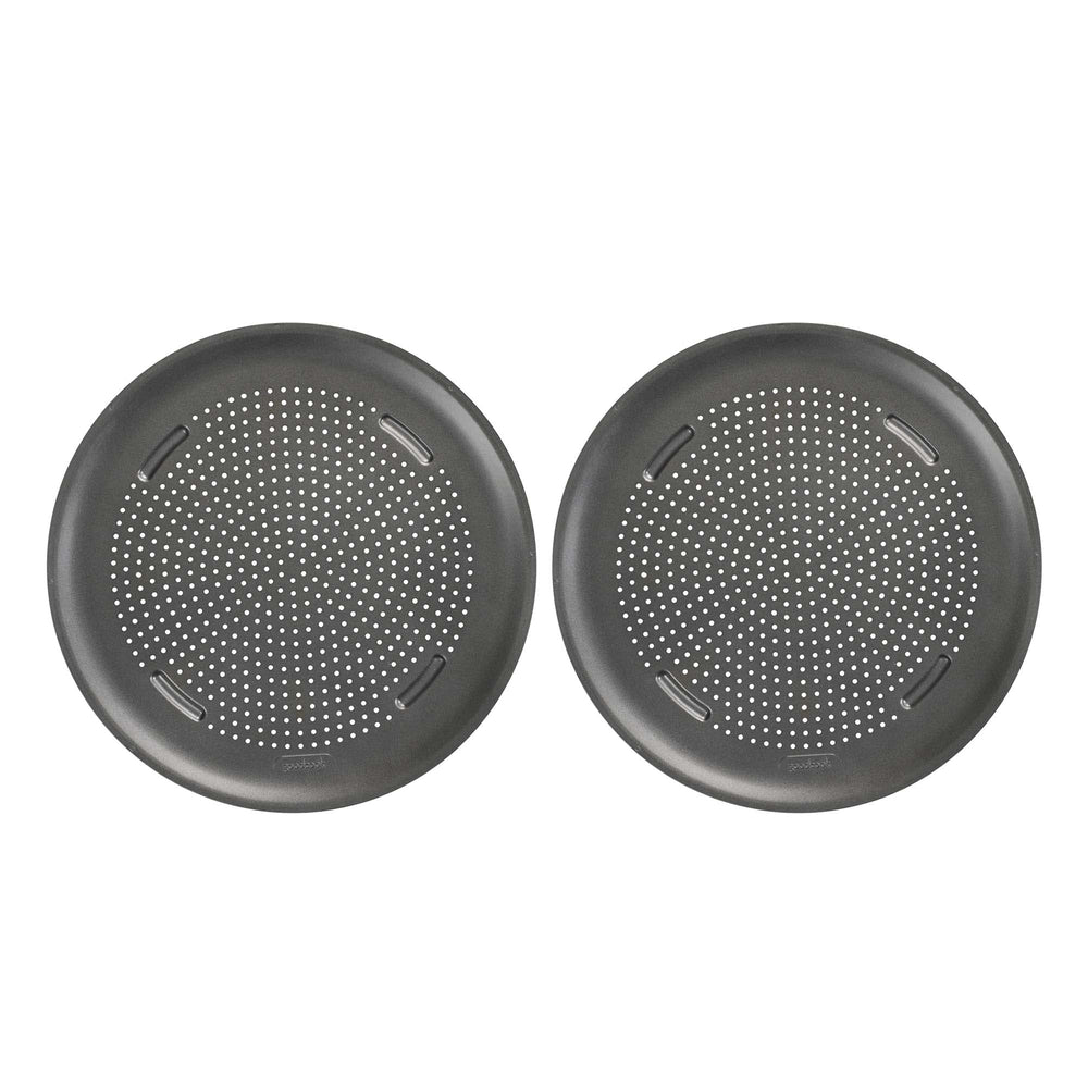 GoodCook bandeja frontal mostrando la superficie amplia y cortes uniformes, útil para pizzas familiares