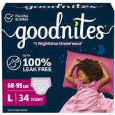 GoodNites front packaging showing size large and twin 17-count benefit