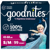 GoodNites front packaging showing size S/M 99 count and convenient bulk supply