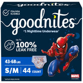 GoodNites front packaging S/M showing count and benefits