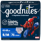 GoodNites front packaging with Spider-Man design showing count and size benefits