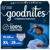 GoodNites front packaging XL shows product and pack count for reassurance