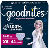 GoodNites front packaging XS Frozen design showing count and protection benefits
