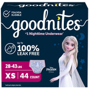 GoodNites front packaging XS Frozen design showing count and protection benefits