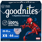 Goodnites front packaging XS showing quantity and Spider-Man design, confidence for nights