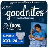 GoodNites front packaging XXL showing two 12-count packs and product name, clear supply benefit