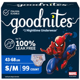 GoodNites front packaging showing 99 count and Spiderman design, reassuring protection