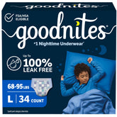 GoodNites front packaging showing size large and count for clear purchase benefit