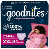 GoodNites paquete frontal mostrando talla XXL y 54 unidades, protección nocturna