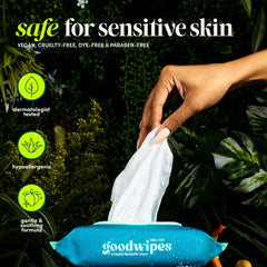 goodwipes envase resellable de viaje abierto, mantiene humedad y es práctico