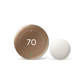 Google Nest termostato frontal Polished Gold mostrando ahorro energético visible