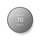 Google Nest thermostat front view showing charcoal finish and compact design for modern homes