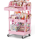 Goovilla carrito frontal rosa mostrando estantes y superficie para organizar cosméticos