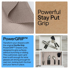 GORILLA GRIP forro colocado en cajón evitando que utensilios se deslicen