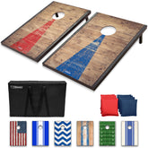 GoSports front view of rustic cornhole boards showing farmhouse style and easy setup