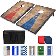 GoSports front view of rustic cornhole boards showing farmhouse style and easy setup