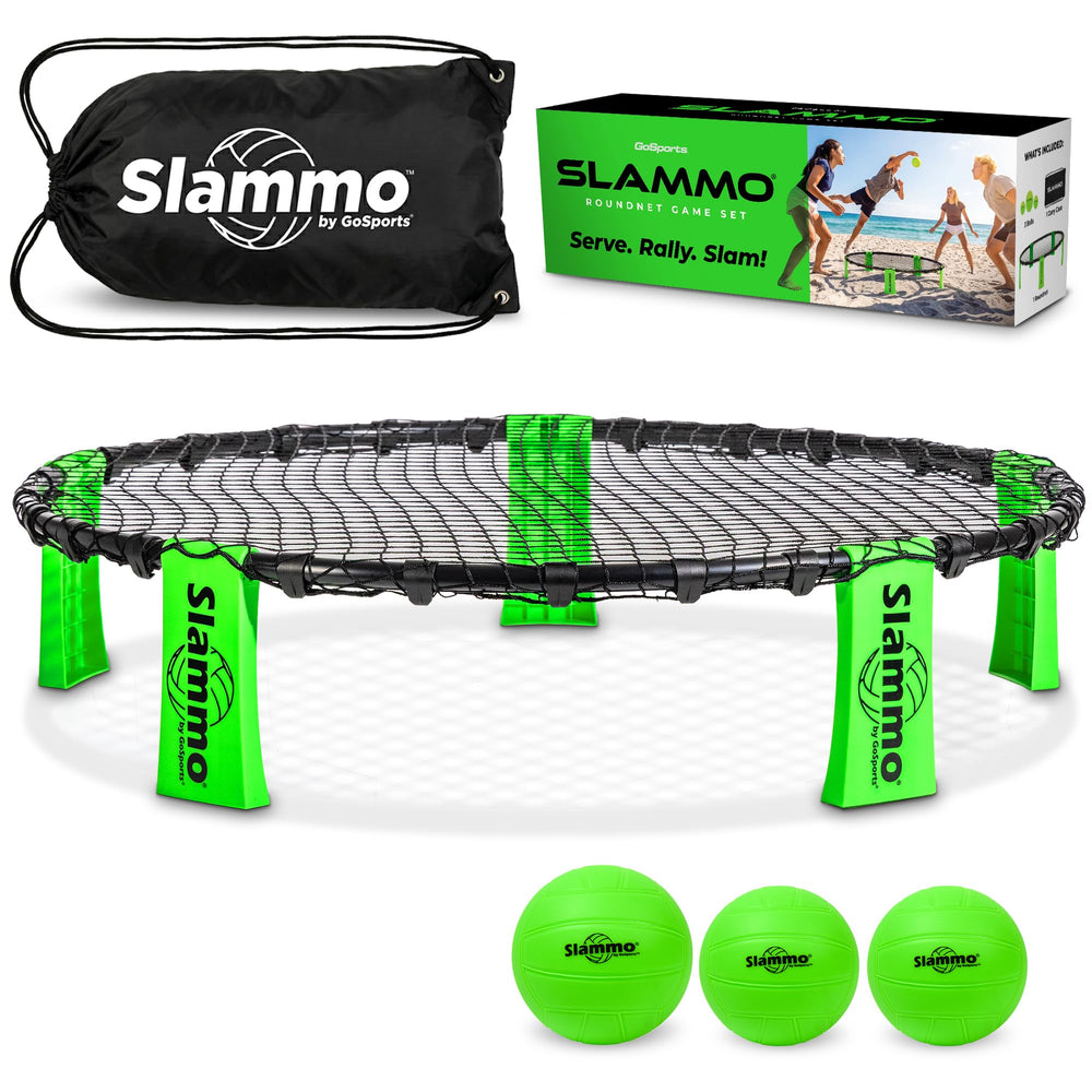 GoSports Slammo front packaging showing kit contents and portability benefit