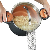 GOTHAM STEEL front view of 5-quart stock pot showing design and lid benefit visible cooking