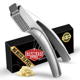 Gourmet Easy front view showing compact stainless garlic press and clear benefit fast prep