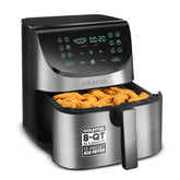 Gourmia front view showing stainless exterior and large capacity benefits