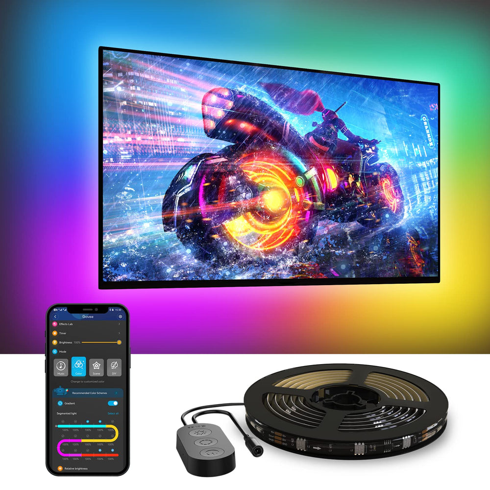 Govee front view showing full RGBIC glow enhancing TV contrast