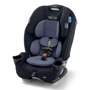Graco SlimFit front view showing compact seat and harness benefit space-saving fit