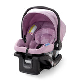 Graco SnugRide Lite LX front view showing seat and lilac mod fabric, easy portability benefit