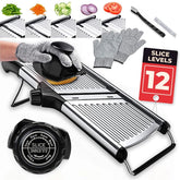 Gramercy mandoline front view showing compact black design and stable frame for consistent slicing