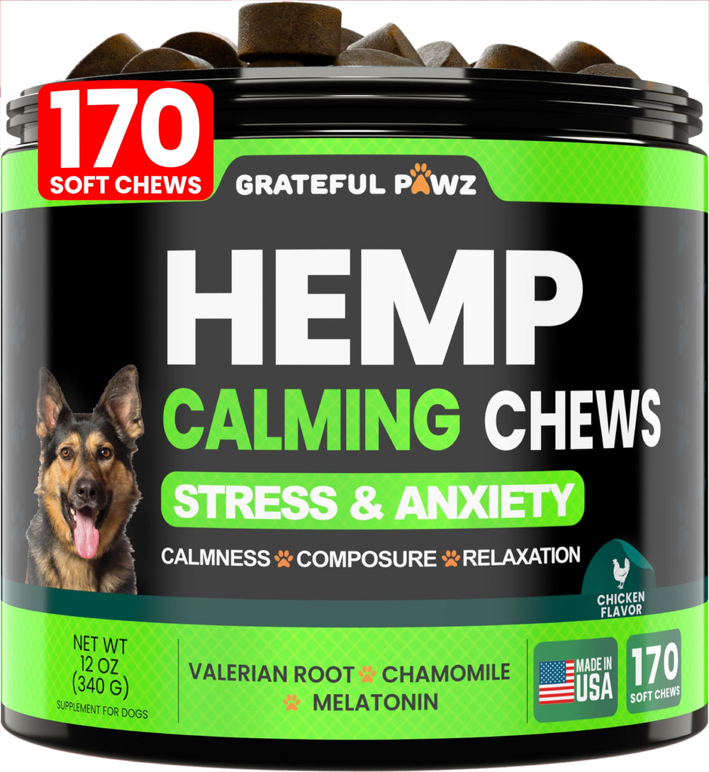 Grateful Pawz envase frontal mostrando 170 golosinas y facilidad de uso
