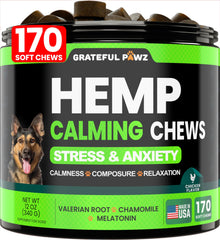 Grateful Pawz envase frontal mostrando 170 golosinas y facilidad de uso