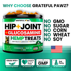 Grateful Pawz open jar with 170 chews, shows long-lasting supply convenience