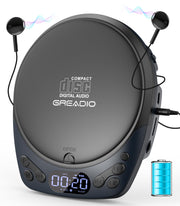 Greadio front panel top-loading CD player showing protective lid and clean design for portability