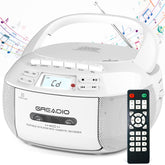 Greadio front view showing boombox speakers and CD door for clear stereo listening