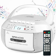 Greadio front view showing boombox speakers and CD door for clear stereo listening