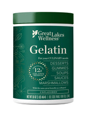 Great Lakes Gelatin empaque frontal y tamaño 16 oz, práctico y sellado