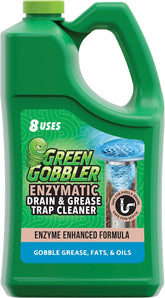 Green Gobbler front label showing product name and usage benefits for drains