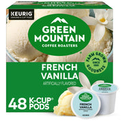 Green Mountain Coffee Roasters front box showing 48-count and vanilla flavor benefit convenience