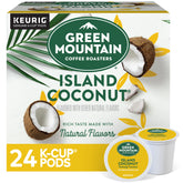 Green Mountain Coffee Roasters empaque frontal con sabor Island Coconut mostrando 24 cápsulas