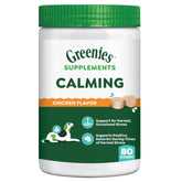 Greenies calming chews front packaging showing chicken flavor and 80 count benefit