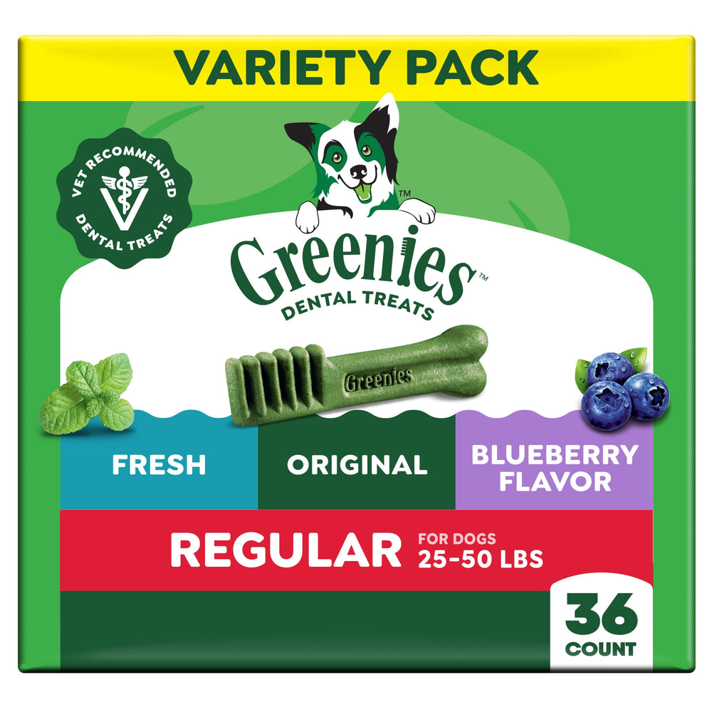 Greenies empaque frontal 36 unidades mostrando sabores y beneficios orales
