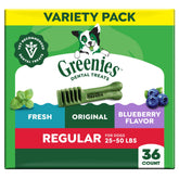 Greenies empaque frontal 36 unidades mostrando sabores y beneficios orales