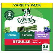 Greenies empaque frontal 36 unidades mostrando sabores y beneficios orales