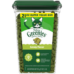 Greenies front packaging showing catnip flavor and product benefits