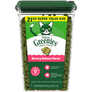 Greenies empaque frontal mostrando sabor salmón y beneficio dental