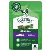 Greenies empaque frontal mostrando producto y cantidad, beneficio limpieza dental
