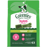Greenies empaque frontal Puppy Teenie mostrando cantidad y sabor, beneficios dentales