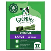 Greenies front packaging showing 17-count bag and large size benefit