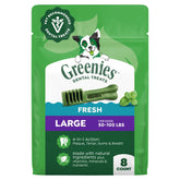 Greenies frontal del paquete mostrando el diseño y conteo, beneficio visual de confianza